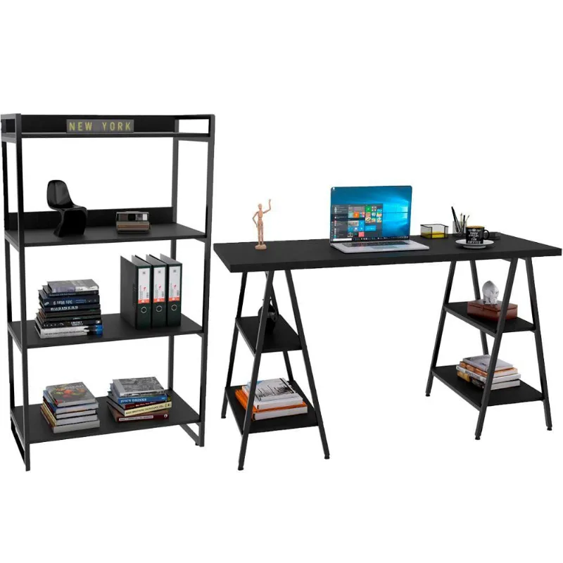 Kit Mesa Cavalete 150cm com Estante 4 Prateleiras Estilo Industrial Form C01 Preto Onix - Lyam Decor - Lyam Decor