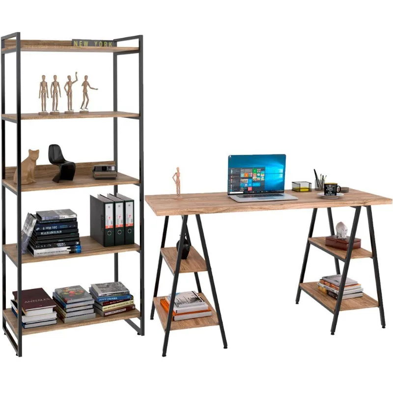 Kit Mesa Cavalete 150 cm com Estante 5 Prateleiras Estilo Industrial Form C01 Carvalho - Lyam Decor - Lyam Decor