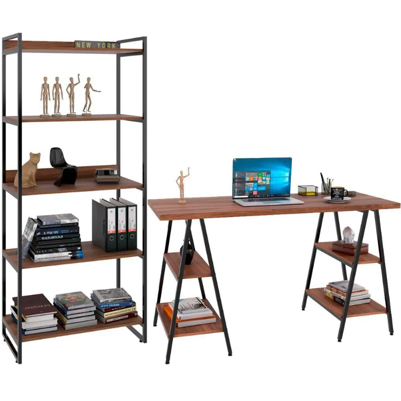 Kit Mesa Cavalete 150 cm com Estante 5 Prateleiras Estilo Industrial Form C01 Nogal - Lyam Decor - Lyam Decor
