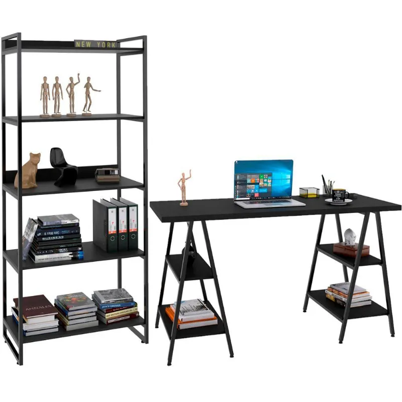 Kit Mesa Cavalete 150 cm com Estante 5 Prateleiras Estilo Industrial Form C01 Preto Onix - Lyam Decor - Lyam Decor
