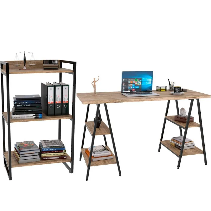 Kit Mesa Cavalete 135 cm com Estante 3 Prateleiras Estilo Industrial Form C01 Carvalho - Lyam Decor - Lyam Decor