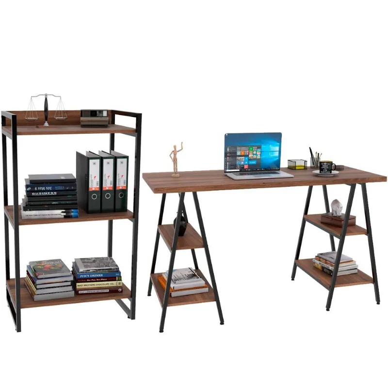 Kit Mesa Cavalete 135 cm com Estante 3 Prateleiras Estilo Industrial Form C01 Nogal - Lyam Decor - Lyam Decor
