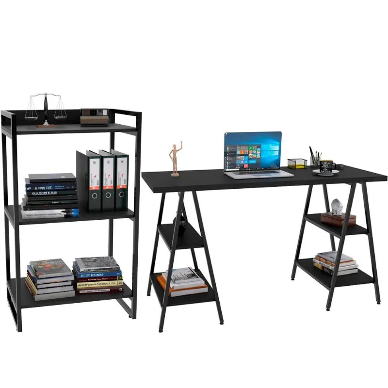 Kit Mesa Cavalete 135 cm com Estante 3 Prateleiras Estilo Industrial Form C01 Preto Onix - Lyam Decor - Lyam Decor