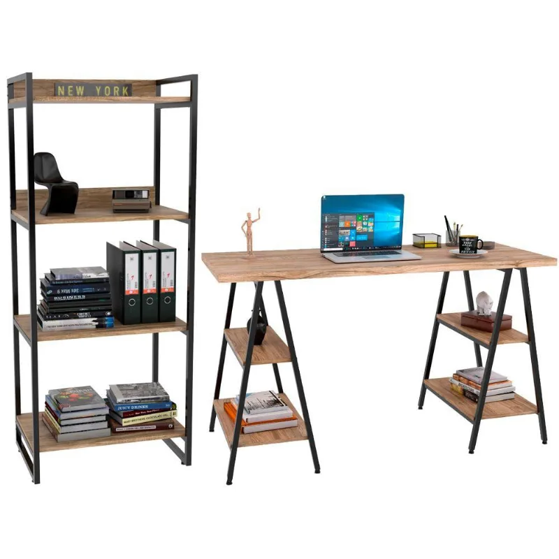 Kit Mesa Cavalete 135 cm com Estante 4 Prateleiras Estilo Industrial Form C01 Carvalho - Lyam Decor - Lyam Decor
