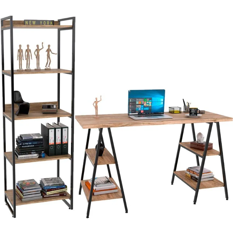 Kit Mesa Cavalete 135 cm com Estante 5 Prateleiras Estilo Industrial Form C01 Carvalho - Lyam Decor - Lyam Decor