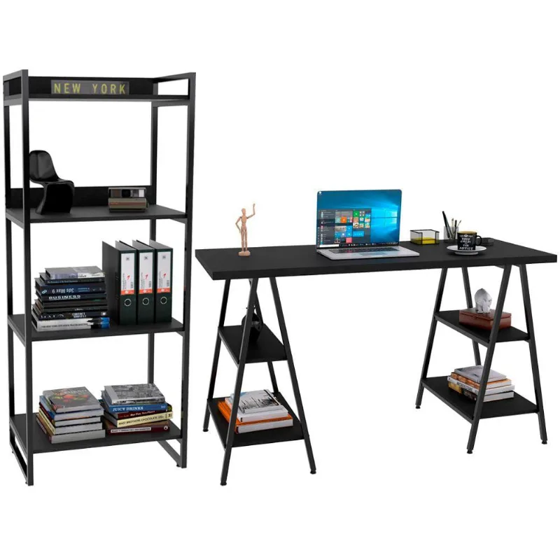 Kit Mesa Cavalete 135 cm com Estante 4 Prateleiras Estilo Industrial Form C01 Preto Onix - Lyam Decor - Lyam Decor