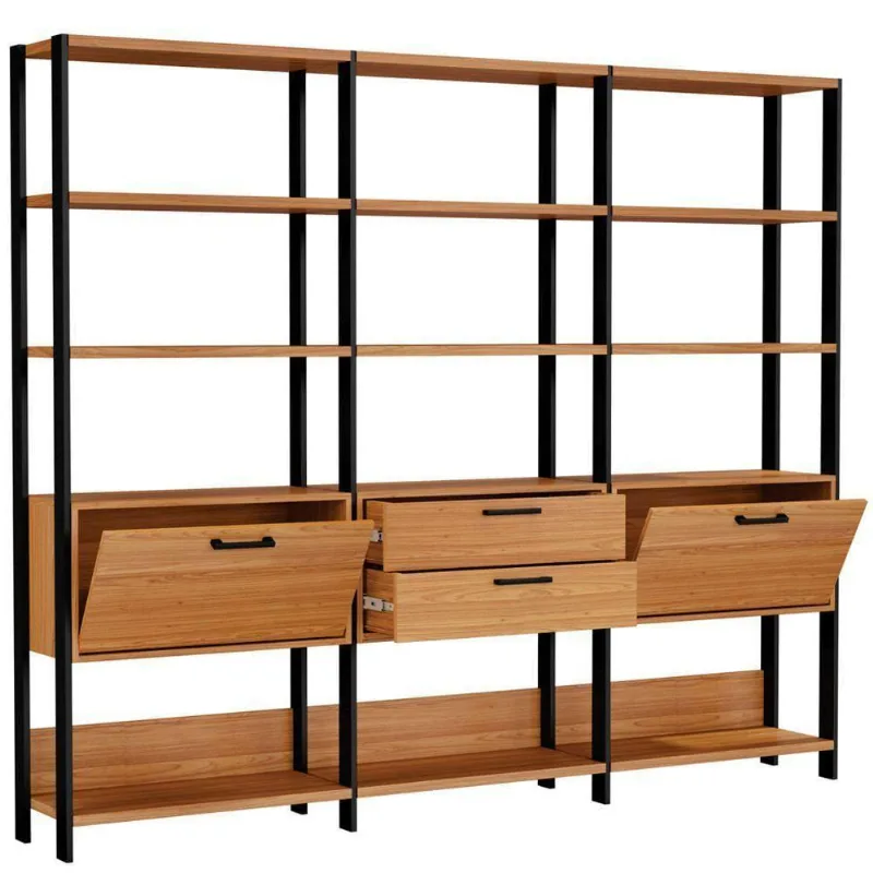 Kit 3 Estantes 5 Prateleiras 2 Gavetas 185X73Cm Freijó Preto - Lyam Decor