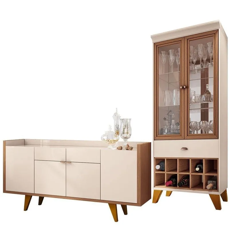 Kit Para Sala de Jantar Aparador 04 Portas Havana com Cristaleira Luma Off White Nature - Lyam Decor