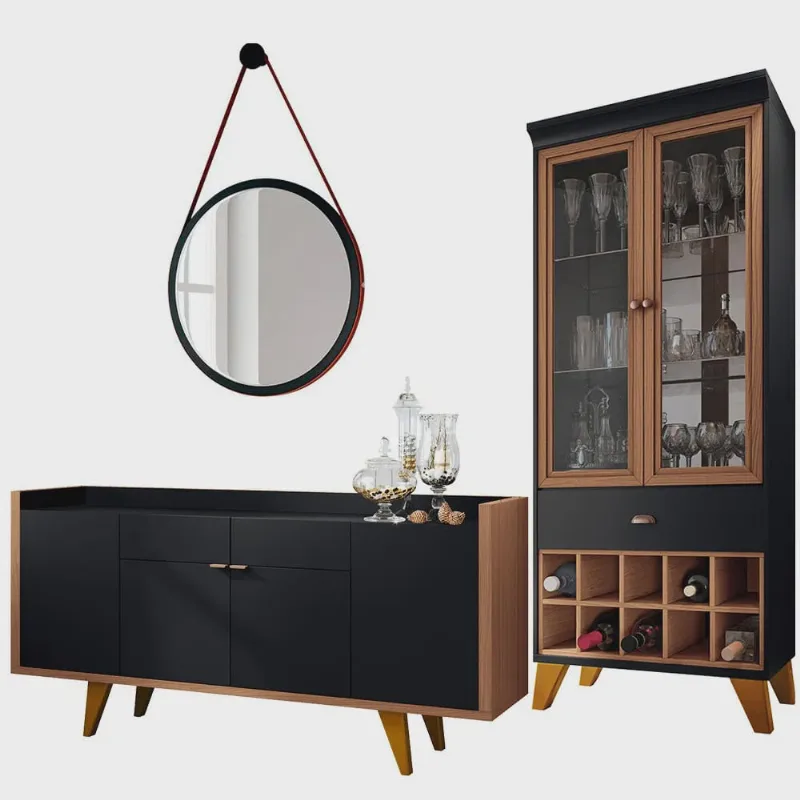 Conjunto Aparador Havana com Espelho Adnet 54cm e Cristaleira B01 Luma Preto Nature - Lyam Decor