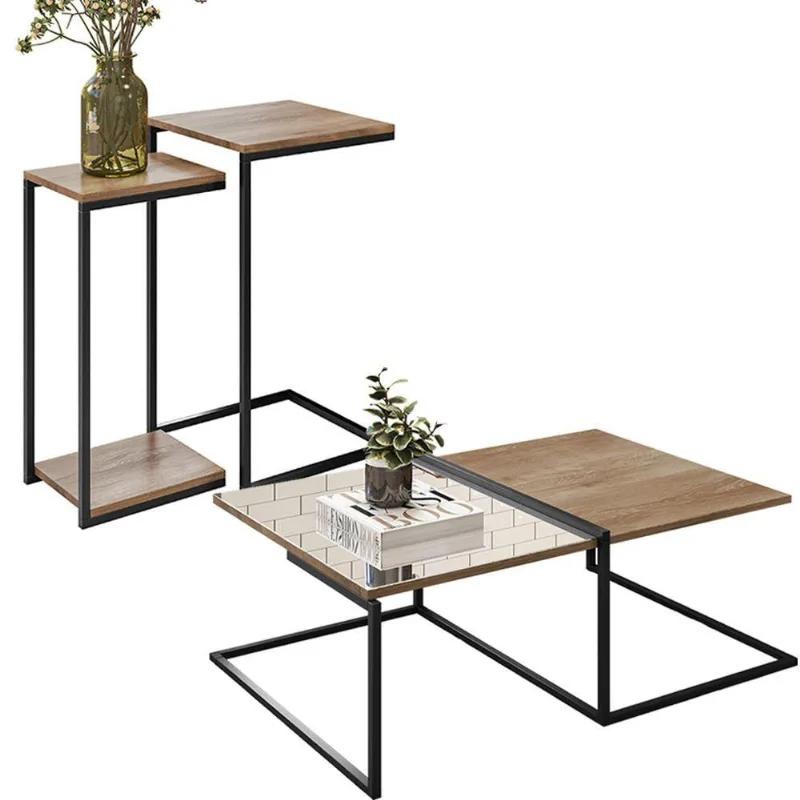 Mesa de Centro Espelhada com Mesas Laterais Industrial D01 Design Demolição - Lyam Decor - Lyam Decor