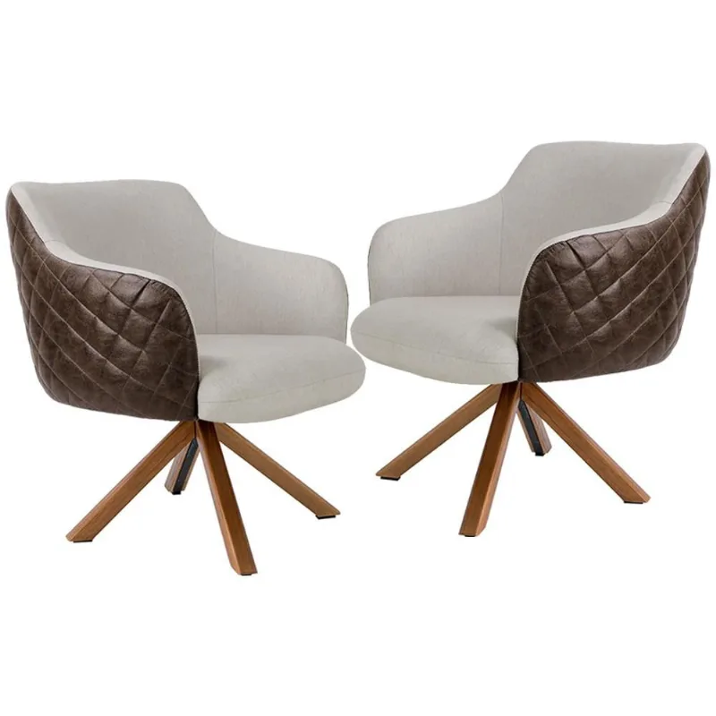 Kit 02 Poltronas Base Giratória Madeira Jade D02 Linho Bege C-107 Tressê Corano Marrom - Lyam Decor