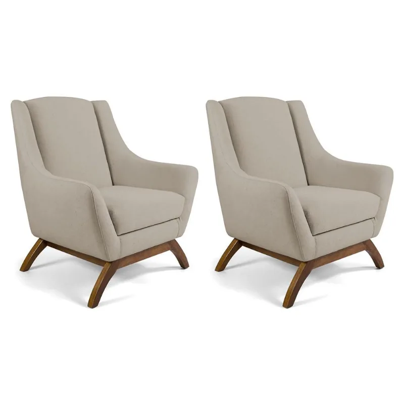 Kit 02 Poltronas Decorativa Fixa Base de Madeira Juliet D02 Linho Bege C-129 - Lyam Decor - Lyam Decor