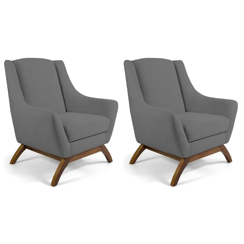 Kit 02 Poltronas Decorativa Fixa Base de Madeira Juliet D02 Linho Cinza C-416 - Lyam Decor