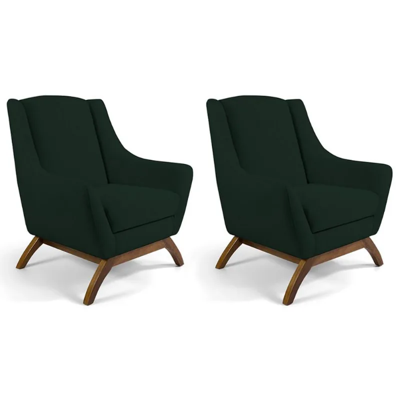 Kit 02 Poltronas Decorativa Fixa Base de Madeira Juliet D02 Linho Verde C-117 - Lyam Decor