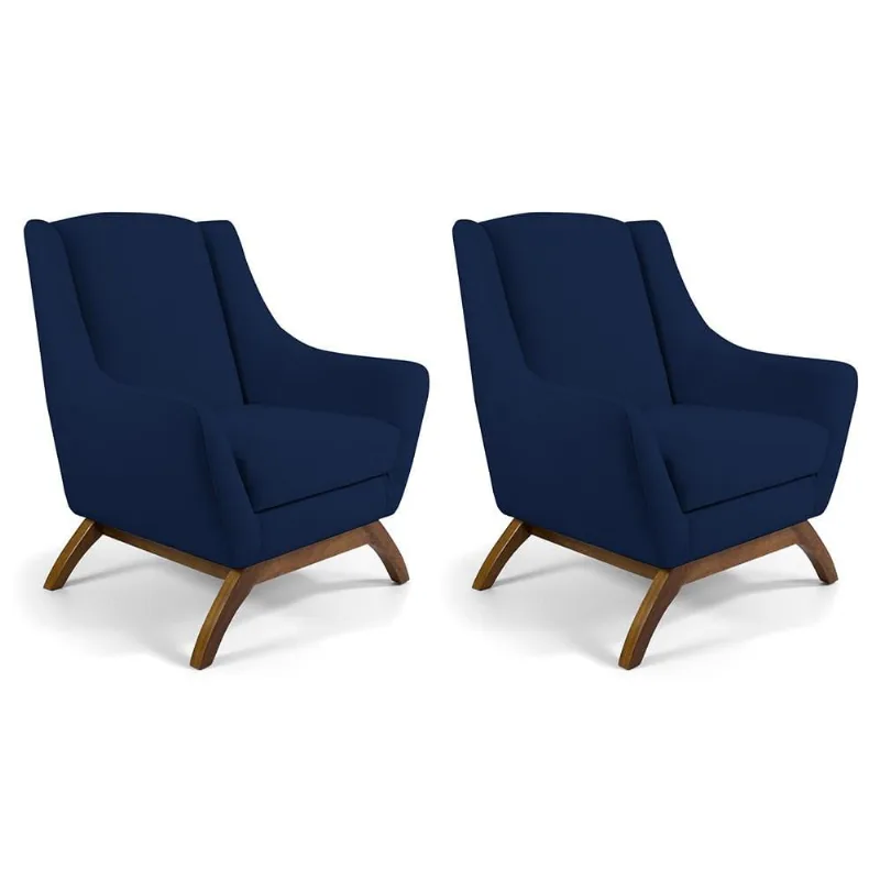 Kit 02 Poltronas Decorativa Fixa Base de Madeira Juliet D02 Veludo Azul Oxford C-304 - Lyam Decor