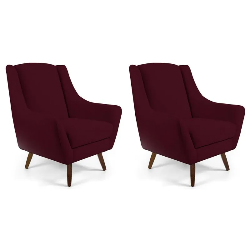 Kit 02 Poltronas Decorativa Fixa Pés de Madeira Juliet D02 Veludo Marsala C-278 - Lyam Decor - Lyam Decor