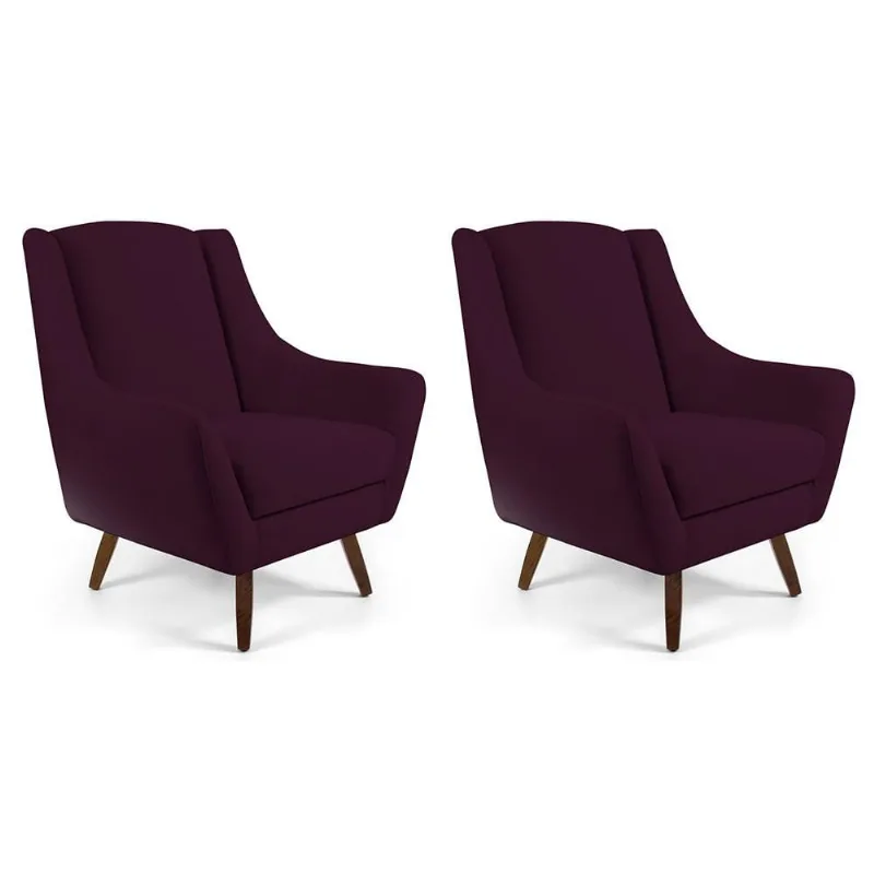 Kit 02 Poltronas Decorativa Fixa Pés de Madeira Juliet D02 Veludo Roxo Grape C-292 - Lyam Decor - Lyam Decor