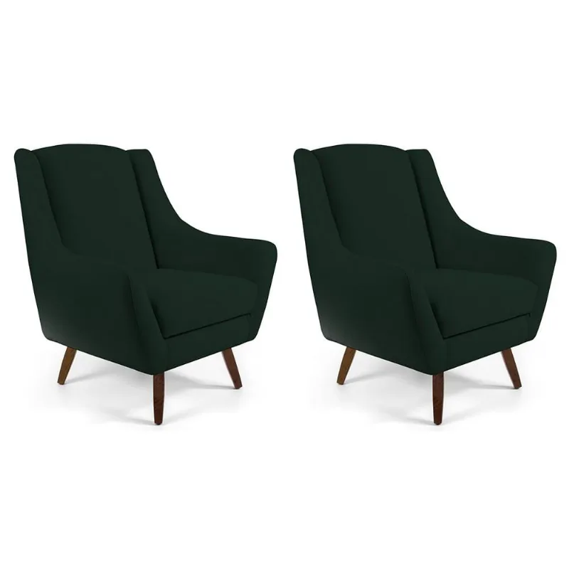Kit 02 Poltronas Decorativa Fixa Pés de Madeira Juliet D02 Linho Verde C-117 - Lyam Decor - Lyam Decor