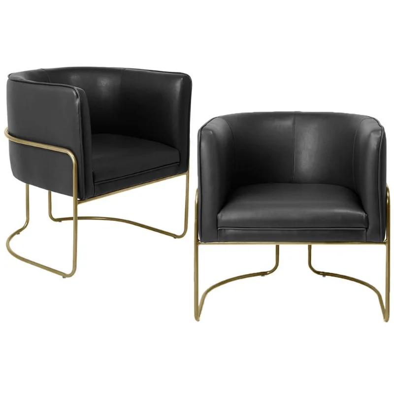 Kit 02 Poltronas Decorativas Fixa Base de Aço Bronze Betina D02 Corano Preto Fosco B-97 - Lyam Decor - Lyam Decor