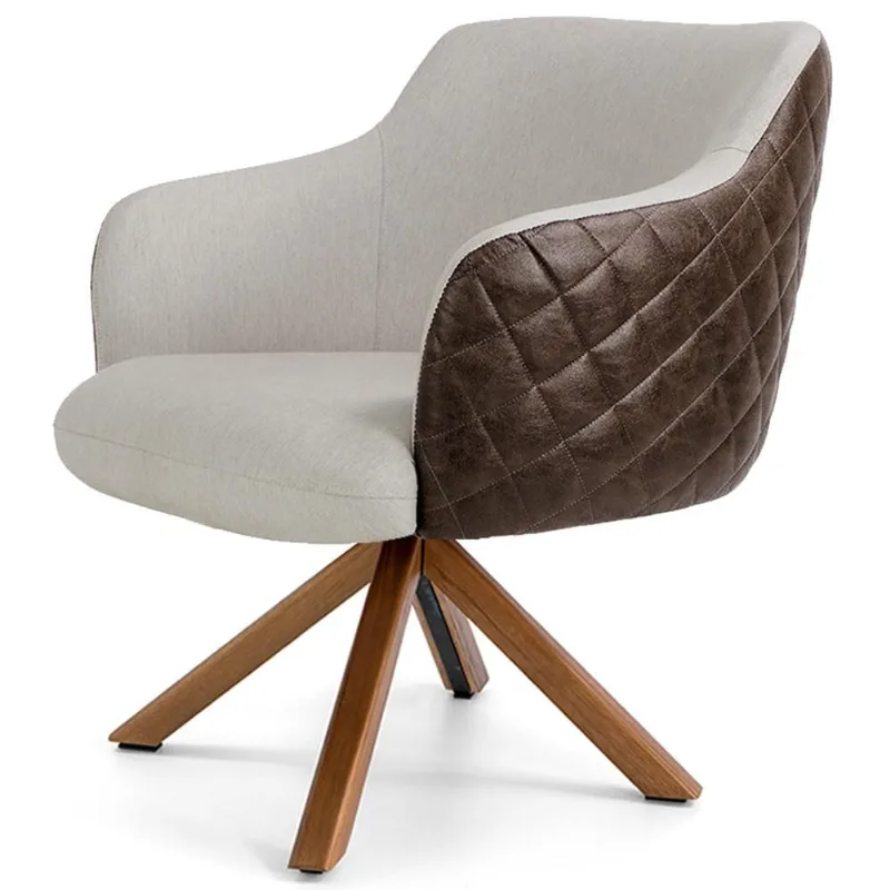 Poltrona Base Giratória de Madeira Jade D02 Linho Bege C-107 Tressê Corano Marrom - Lyam Decor