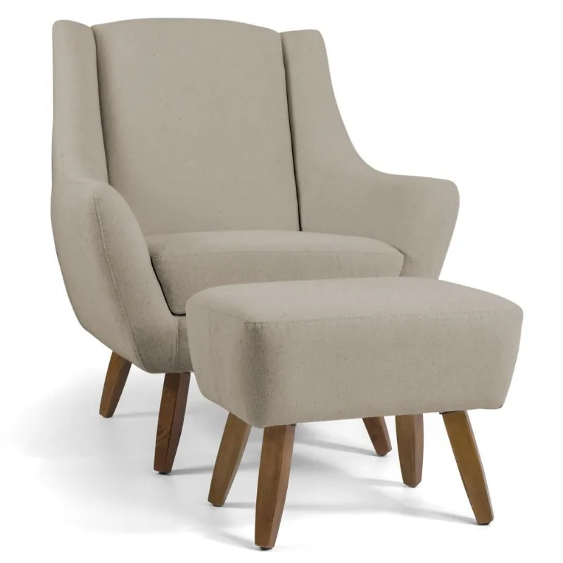 Poltrona Decorativa Fixa com Puff Pés de Madeira Juliet D02 Linho Bege C-129 - Lyam Decor - Lyam Decor