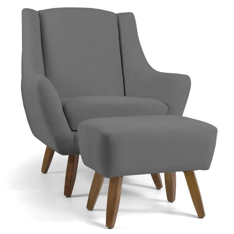 Poltrona Decorativa Fixa com Puff Pés de Madeira Juliet D02 Linho Cinza C-416 - Lyam Decor - Lyam Decor