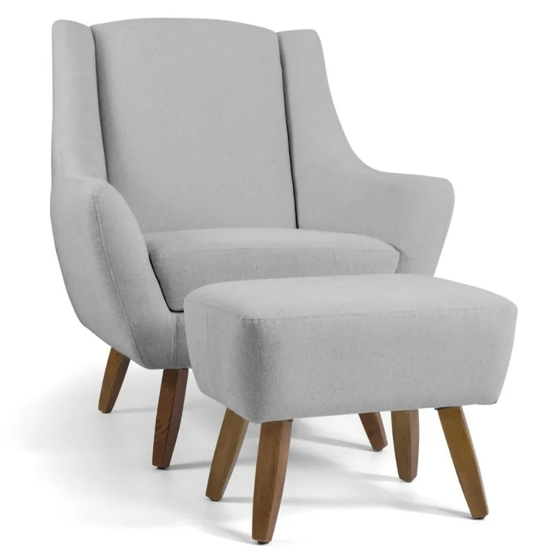 Poltrona Decorativa Fixa com Puff Pés de Madeira Juliet D02 Linho Cru D-316 - Lyam Decor - Lyam Decor