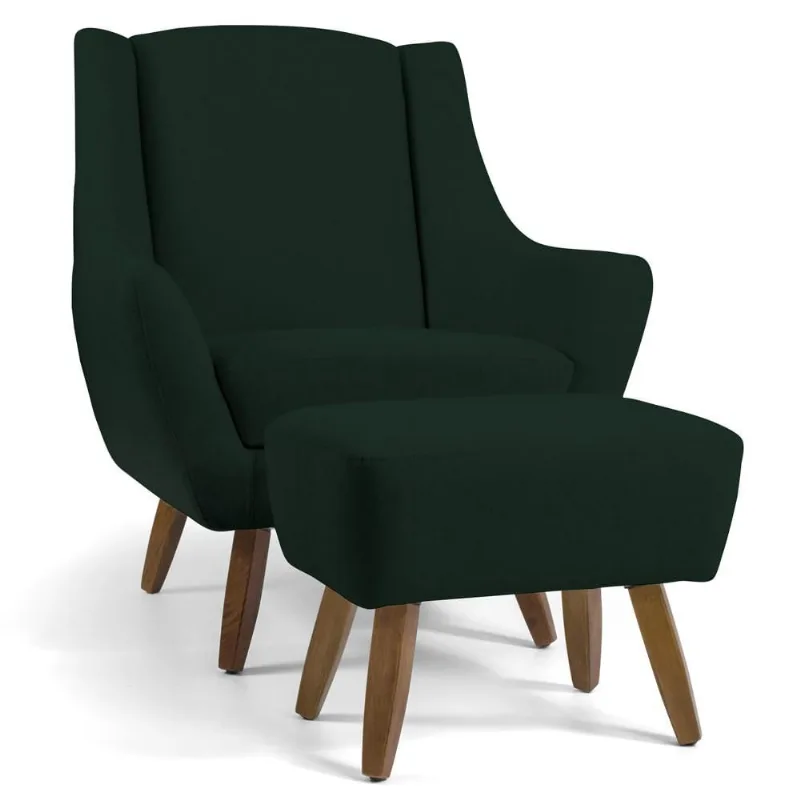 Poltrona Decorativa Fixa com Puff Pés de Madeira Juliet D02 Linho Verde C-117 - Lyam Decor - Lyam Decor