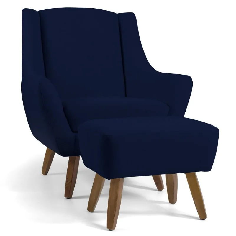 Poltrona Decorativa Fixa com Puff Pés de Madeira Juliet D02 Veludo Azul Marinho C-287 - Lyam Decor - Lyam Decor