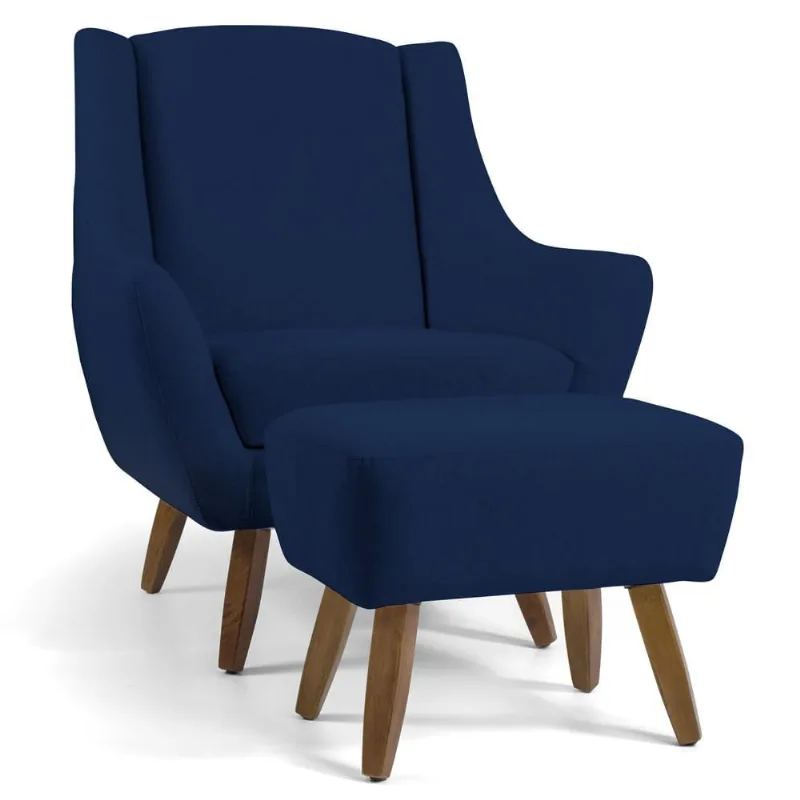 Poltrona Decorativa Fixa com Puff Pés de Madeira Juliet D02 Veludo Azul Oxford C-304 - Lyam Decor - Lyam Decor