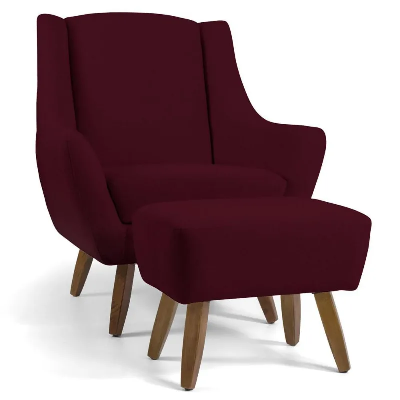 Poltrona Decorativa Fixa com Puff Pés de Madeira Juliet D02 Veludo Marsala C-278 - Lyam Decor - Lyam Decor