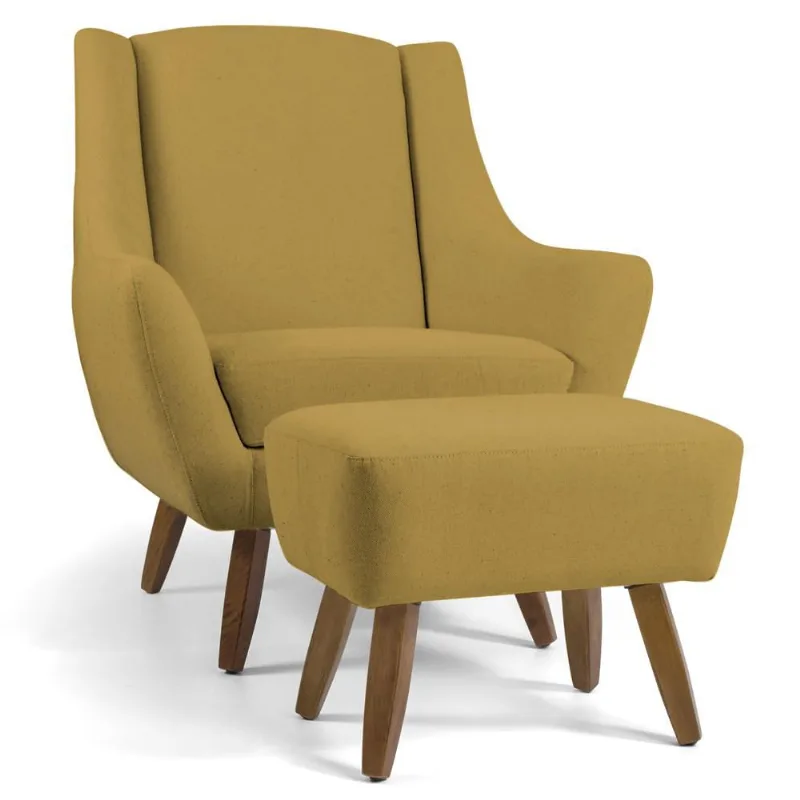 Poltrona Decorativa Fixa com Puff Pés de Madeira Juliet D02 Veludo Mostarda C-279 - Lyam Decor - Lyam Decor