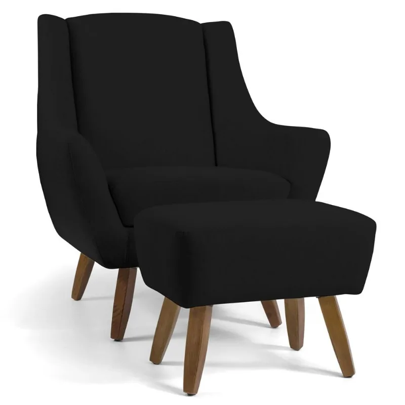 Poltrona Decorativa Fixa com Puff Pés de Madeira Juliet D02 Veludo Preto C-300 - Lyam Decor - Lyam Decor