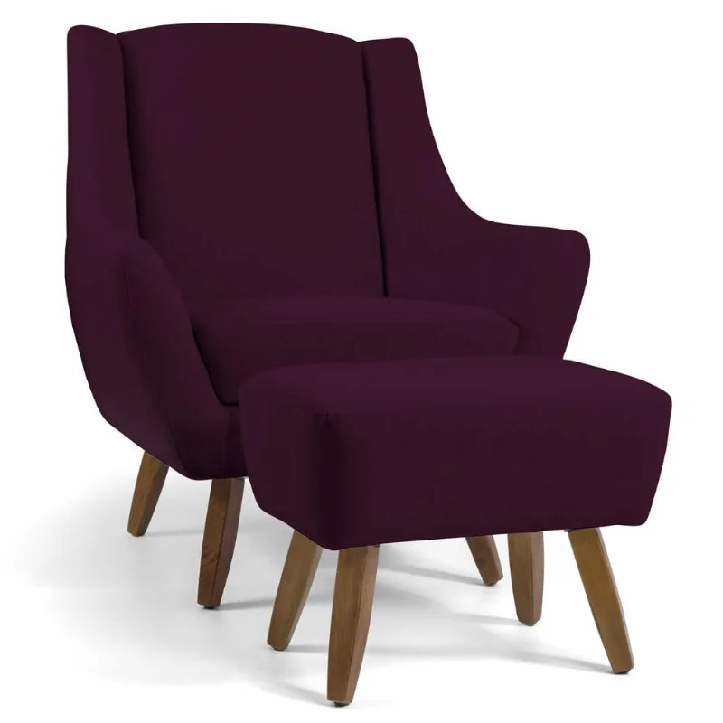 Poltrona Decorativa Fixa com Puff Pés de Madeira Juliet D02 Veludo Roxo Grape C-292 - Lyam Decor - Lyam Decor