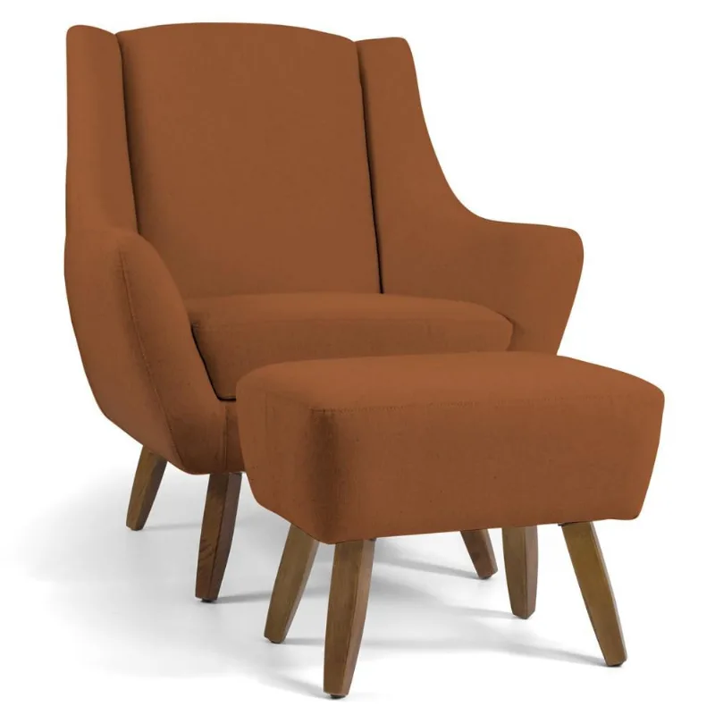 Poltrona Decorativa Fixa com Puff Pés de Madeira Juliet D02 Veludo Telha C-262 - Lyam Decor - Lyam Decor