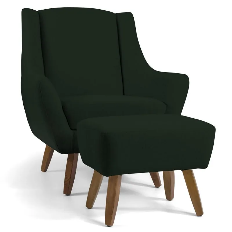 Poltrona Decorativa Fixa com Puff Pés de Madeira Juliet D02 Veludo Verde C-303 - Lyam Decor - Lyam Decor