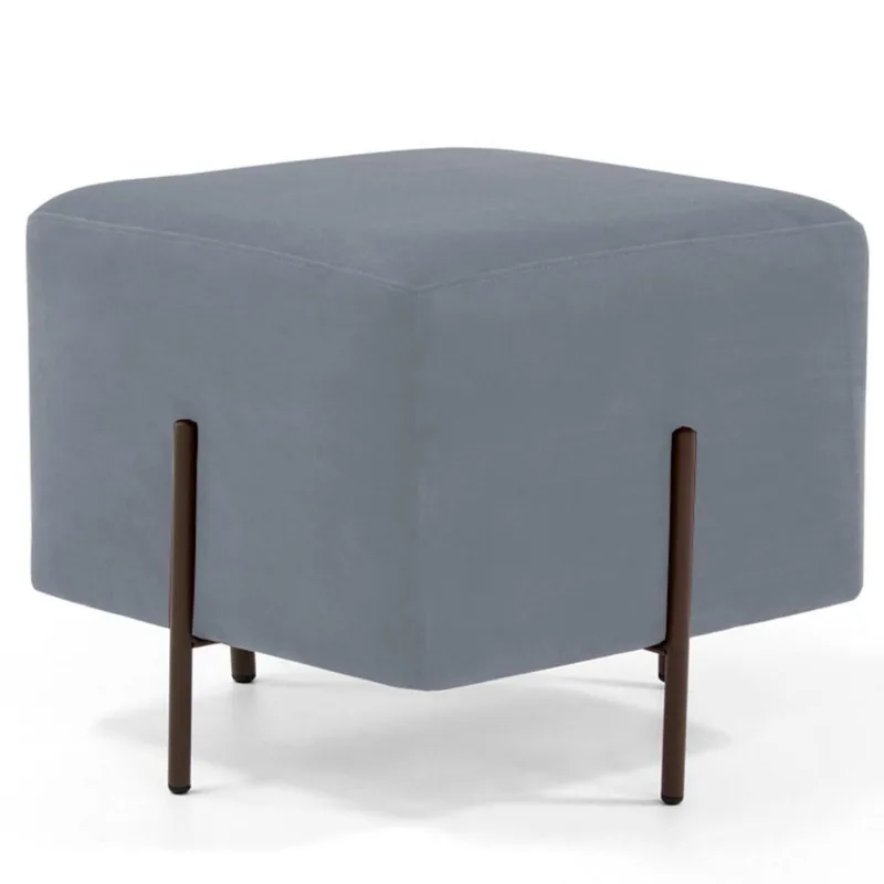 Puff Quadrado 45x45 D02 Pés De Aço Veludo Cinza C-317