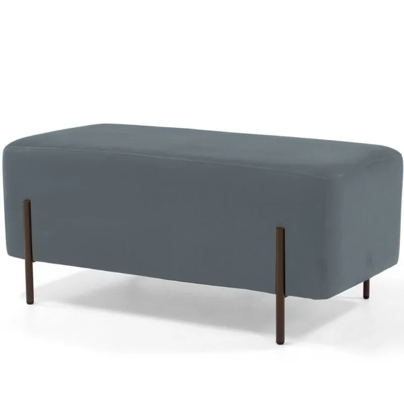Puff Retangular 90x45 D02 Pés De Aço Veludo Cinza C-317