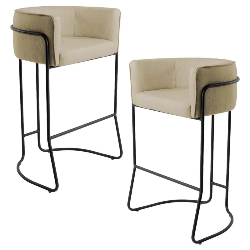 Kit 02 Banquetas Decorativas Fixa Base de Aço Preto Betina D02 Linho Bege C-129 - Lyam Decor