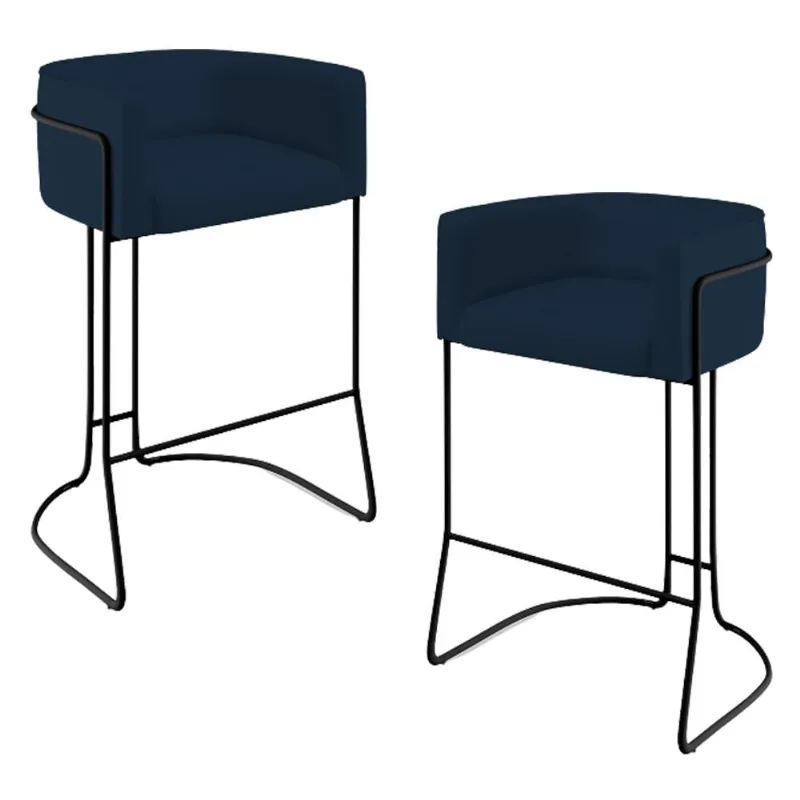 Kit 02 Banquetas Decorativas Fixa Base de Aço Preto Betina D02 Veludo Azul Oxford C-304- Lyam Decor