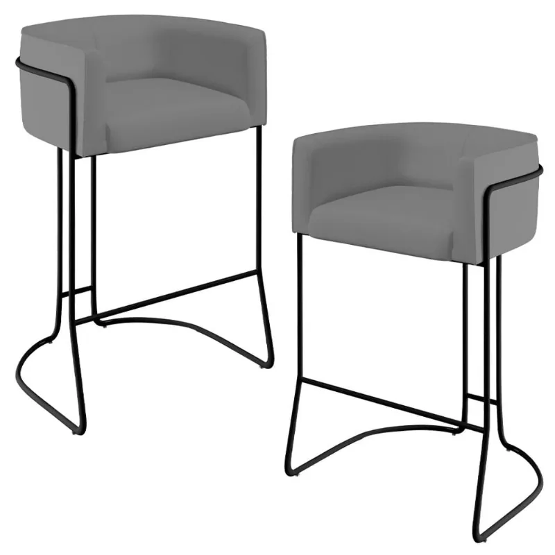 Kit 02 Banquetas Decorativas Fixa Base de Aço Preto Betina D02 Veludo Cinza C-317 - Lyam Decor