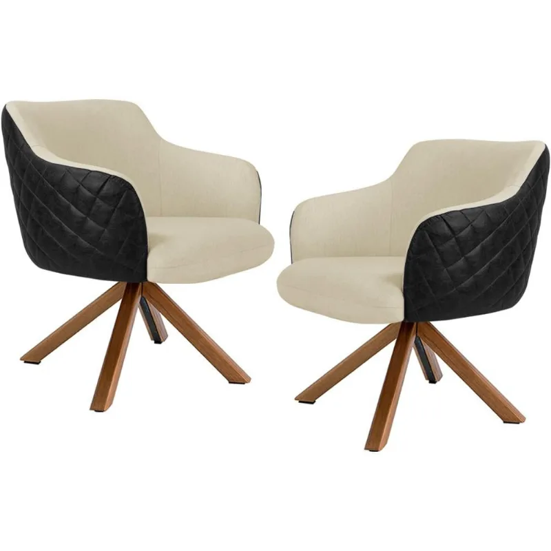 Kit 02 Poltronas Base Giratória Madeira Jade D02 Linho Bege C-129 Tressê Corano Preto - Lyam Decor