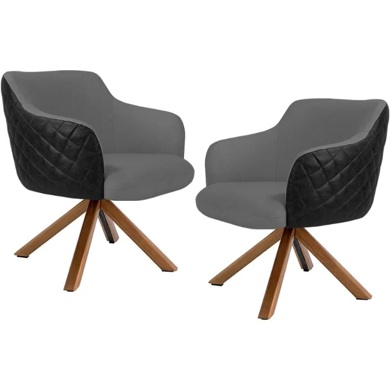 Kit 02 Poltronas Base Giratória Madeira Jade D02 Linho Cinza C-416 Tressê Corano Preto - Lyam Decor