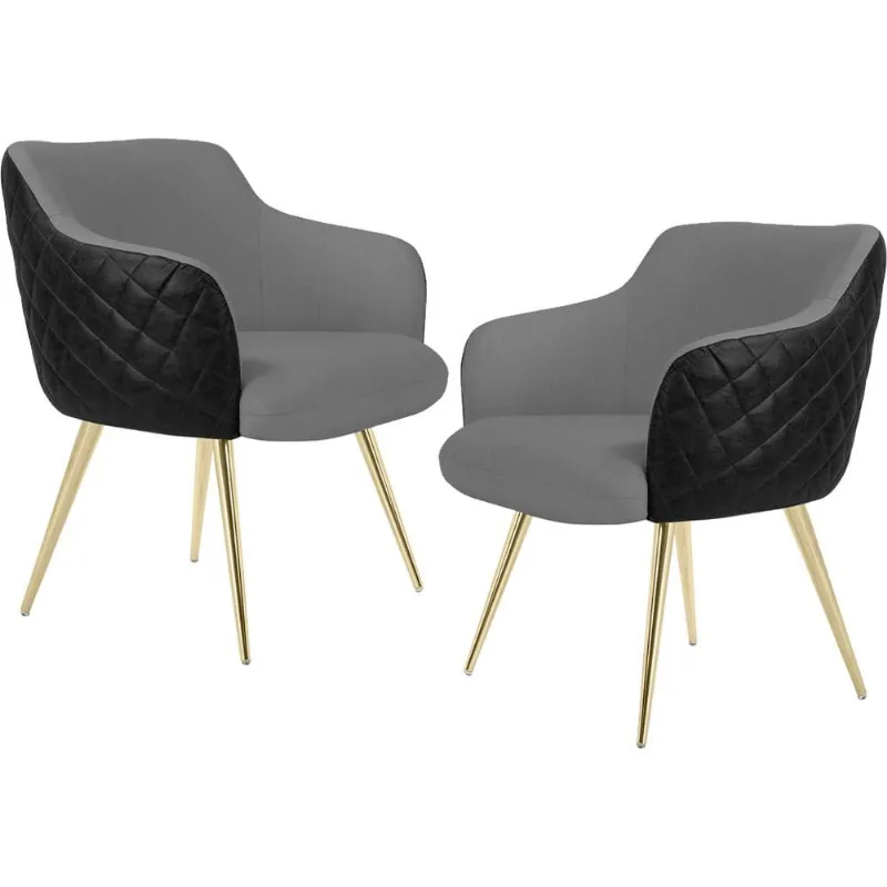 Kit 02 Poltronas Pés Palito D'Ouro Jade D02 Linho Cinza C-416 Tressê Corano Preto - Lyam Decor