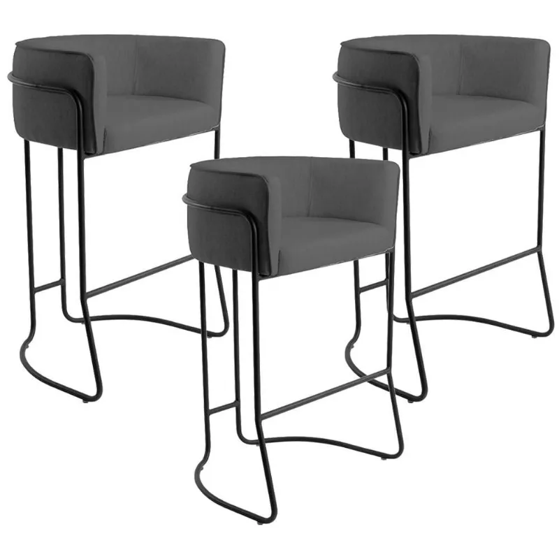 Kit 03 Banquetas Decorativas Fixa Base de Aço Preto Betina D02 Corano Cinza C-03 - Lyam Decor - Lyam Decor