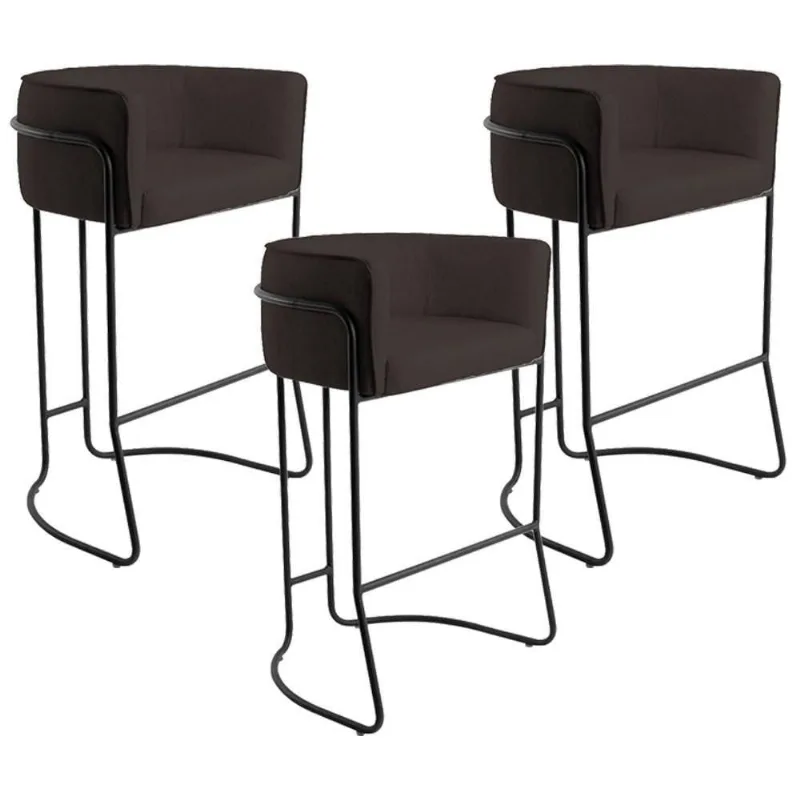 Kit 03 Banquetas Fixa Preto Corano Marrom C-34 - Lyam Decor