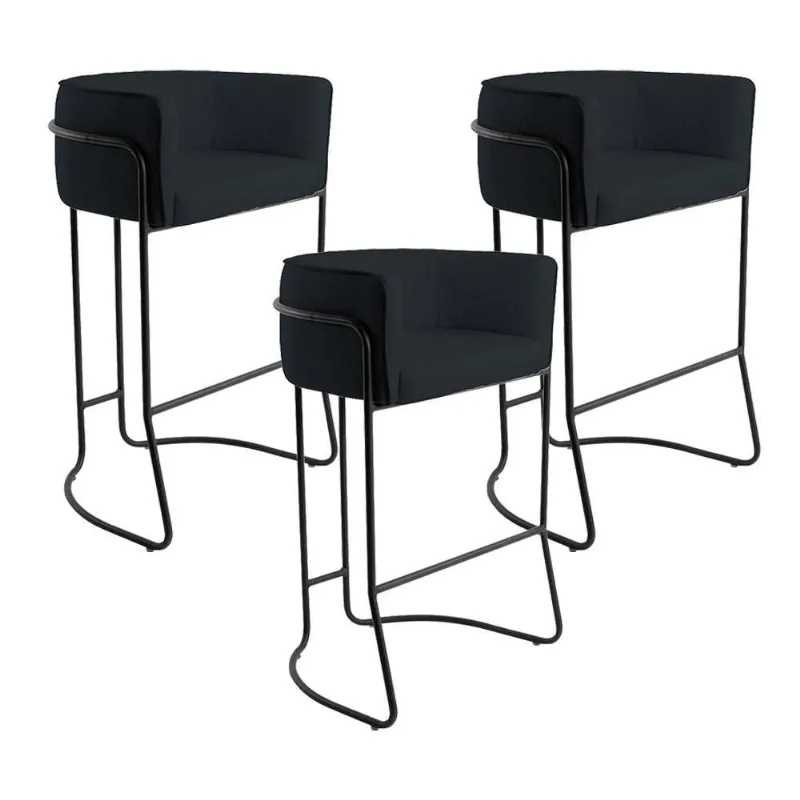 Kit 03 Banquetas Decorativas Fixa Base de Aço Preto Betina D02 Corano Preto C-05 - Lyam Decor - Lyam Decor