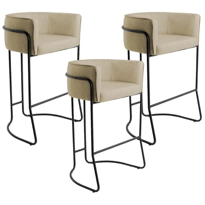 Kit 03 Banquetas Fixa Preto Linho Bege - Lyam Decor