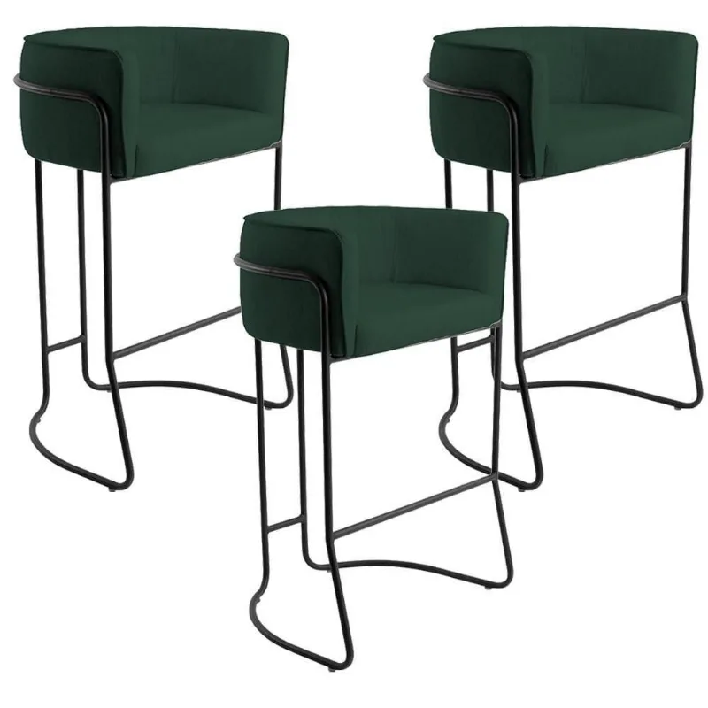 Kit 03 Banquetas Fixa Preto Linho Verde Musgo C-117 - Lyam Decor