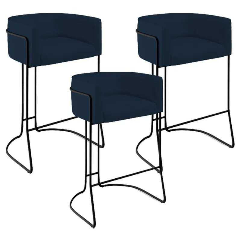 Kit 03 Banquetas Fixa Preto Veludo Azul Oxford C-304 - Lyam Decor